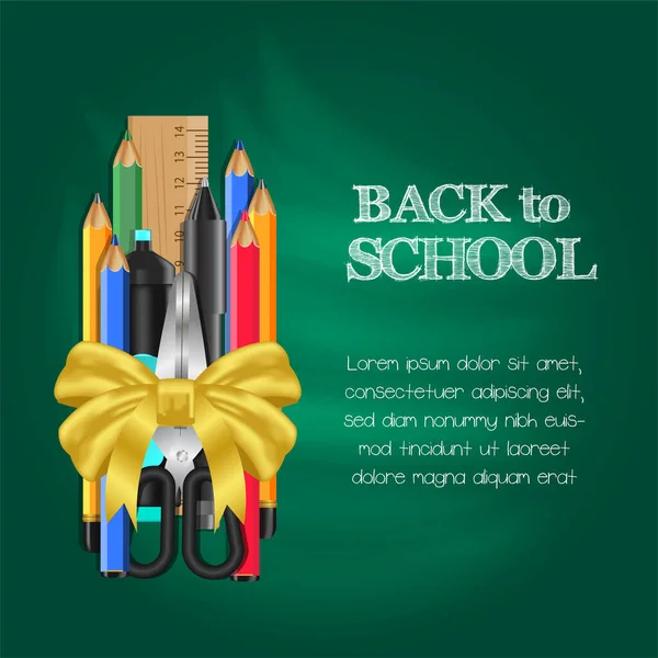 Willkommen Zurück Der Schule Mit Bleistift Lineal Schere Mit Goldenem — Stockvektor
