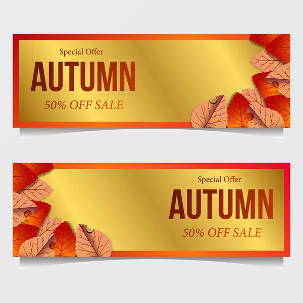 Autumn Fall Leaves Corner Frame Banner Template Golden Background — Stock Vector