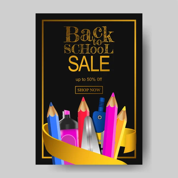 Back School Sale Offer Banner Texture Stationary Pencil Color Scissors — 스톡 벡터