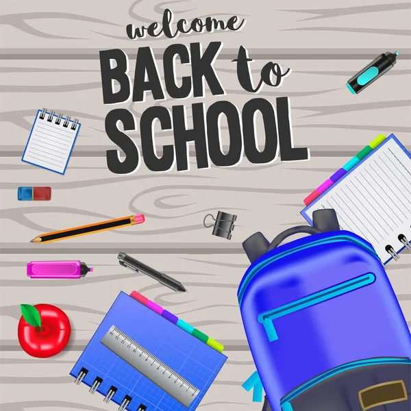 Willkommen Zurück Der Schule Mit Bleistift Zirkel Schere Apfel Tasche — Stockvektor