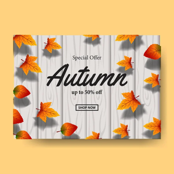 Autumn Fall Leaves Sale Offer Poster Promotion Event Template Wood — Stock Vector