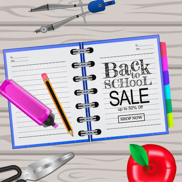 Welcome Back School Ink Notebook Pencil Scissors Apple Compass Top — 스톡 벡터