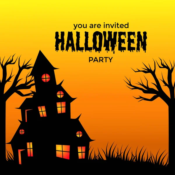 ハロウィーンパーティー招待テンプレートイラスト怖い家とオレンジの空 — ストックベクタ