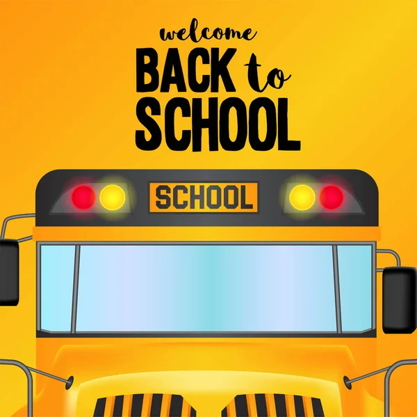 Bienvenido Nuevo Escuela Con Los Niños Autobús Escolar Amarillo Desde — Vector de stock