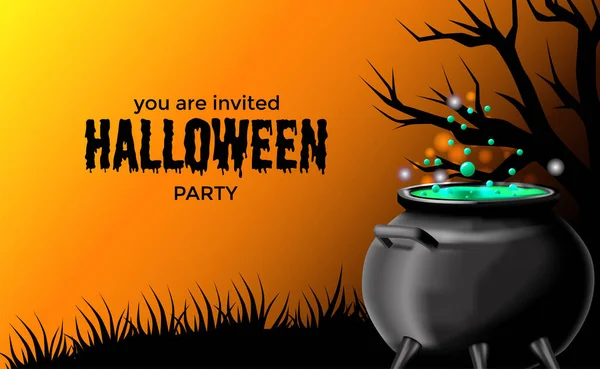 Halloween Party Pozvánka Zeleným Lektvarem Hrnci Oranžovým Pozadím — Stockový vektor