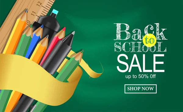 Welcome Back School Sale Banner Template Stationary Pen Ruler Marker — 스톡 벡터