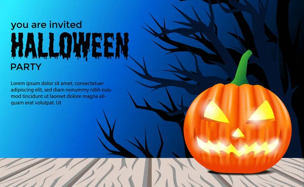 Halloween Invitation Party Illustration Jack Lantern Wood Table Tree Blue — 스톡 벡터