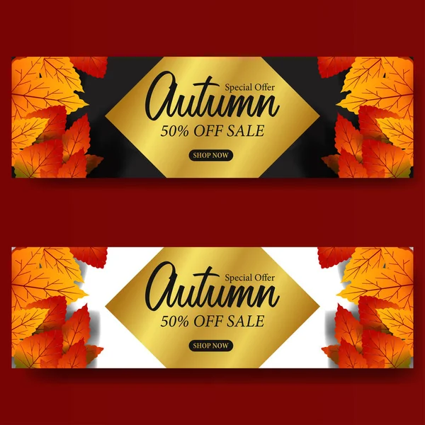 Automne Automne Feuilles Vente Offre Modèle Bannière Avec Fond Noir — Image vectorielle