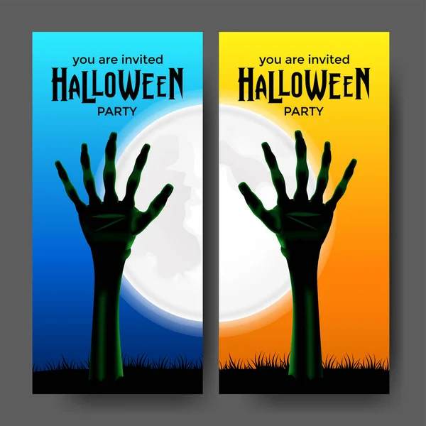 Inbjudan Halloween Parti Banner Affisch Med Illustration Zombie Kropp Hand — Stock vektor