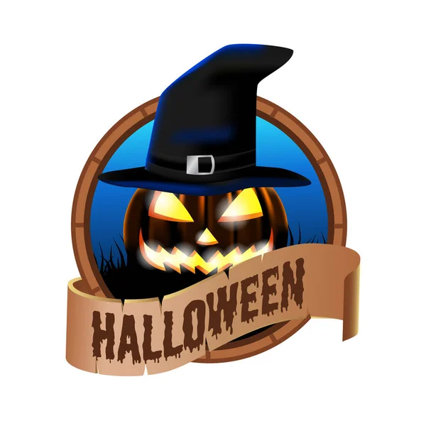 Emblème Logo Icône Vintage Illustration Halloween Citrouille Jack Lanterne Avec — Image vectorielle