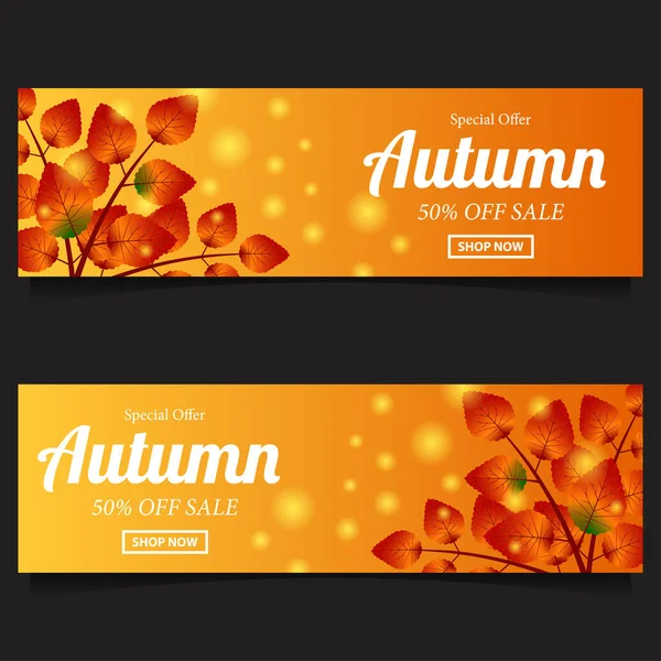 Automne Automne Feuilles Vente Offre Bannière Modèle Chaud Orange Jaune — Image vectorielle