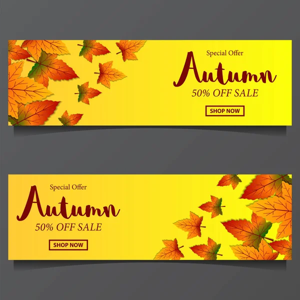 Automne Automne Feuilles Vente Offre Bannière Modèle Avec Fond Jaune — Image vectorielle