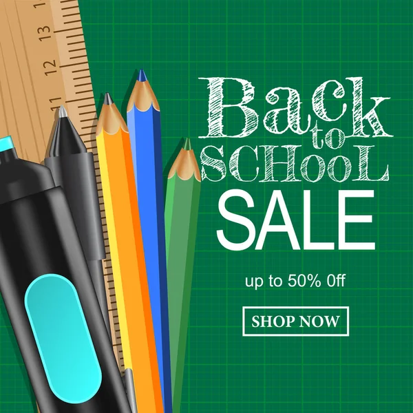 Welcome Back School Sale Offer Banner Stationary Pencil Pen Ruler — 스톡 벡터