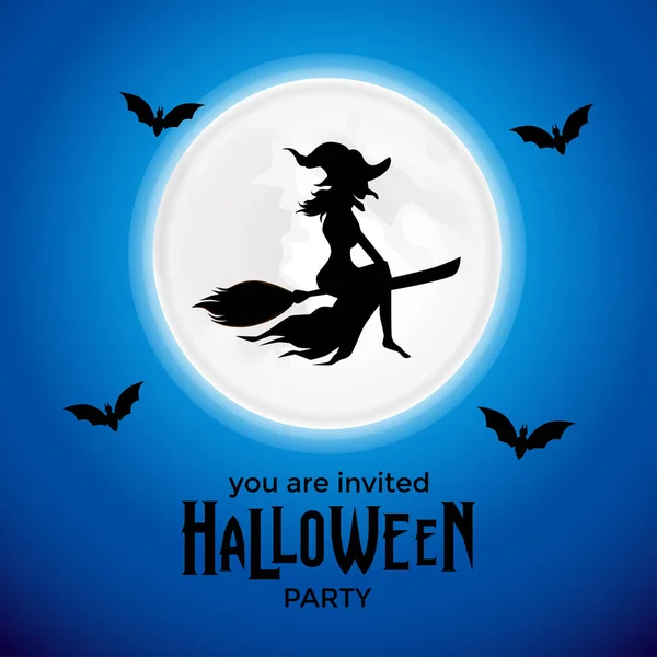 Flying Wizard Halloween Trick Treat Party Invitation Banner Blue Sky — 스톡 벡터