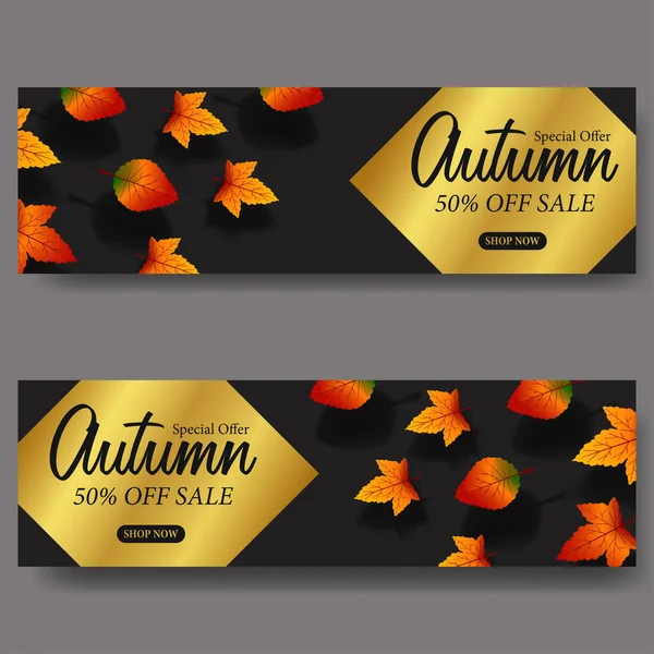 Automne Automne Feuilles Vente Offre Bannière Modèle Avec Fond Noir — Image vectorielle