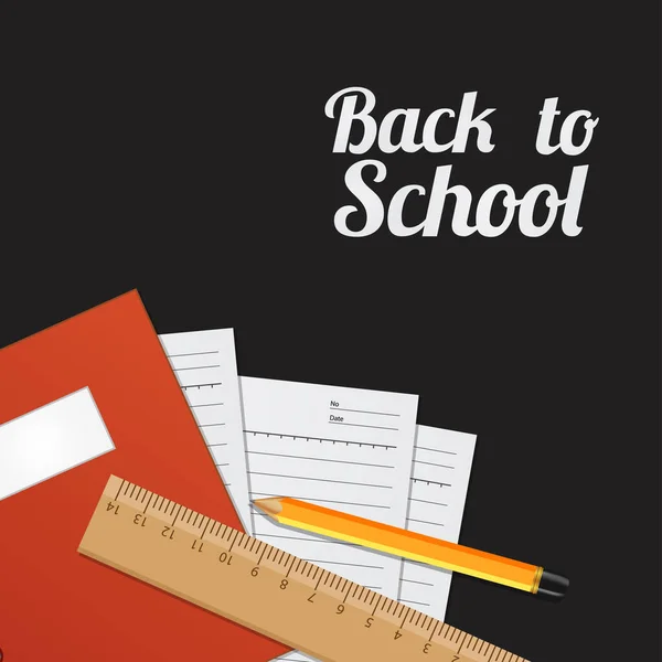 Zpět Školy Inkoust Papíře Notebook Tužka Pravítko Černém Pozadí Plakát — Stockový vektor