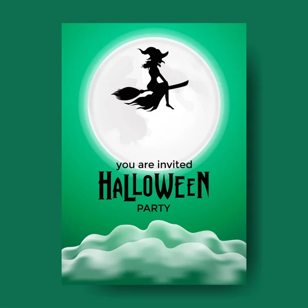 Flying Wizard Halloween Trick Treat Party Invitation Banner Mist Green — 스톡 벡터