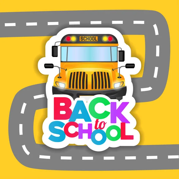 Regreso Escuela Texto Colorido Con Escuela Autobús Amarillo Con Ilustración — Vector de stock