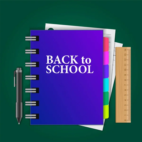 Vítejte Zpátky Škole Poznámkovým Blokem Tužkou Pravítkem Papírem Zeleném Tabuli — Stockový vektor