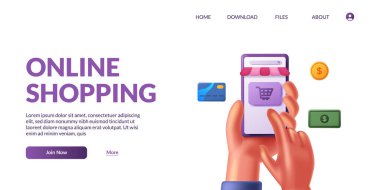 El ele tutuşmak ve 3D sevimli cep telefonuna dokunmak. 3D simgeli çevrimiçi alışveriş illüstrasyon kavramı.