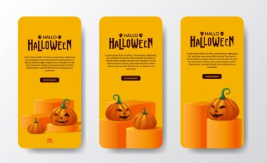 Cadılar Bayramı 'nız kutlu olsun. Poster afişi sosyal medya hikayeleri. 3 boyutlu balkabağı canavarı portakalı, silindir ve küp sahne podyumu.