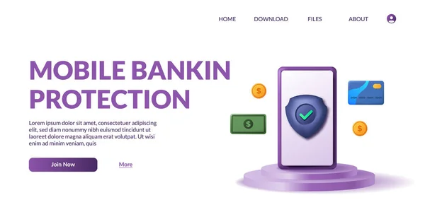 银行支付应用程序 移动支付的概念 个人数据保护 平台产品显示屏上3D手机可爱的矢量图形 — 图库矢量图片