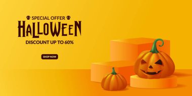 Cadılar Bayramı partisi tanıtımı için Jack O Lantern 3 boyutlu balkabağı. Sahne podyumu reklam afişi şablonuyla birlikte.