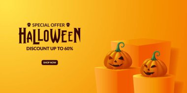 Cadılar Bayramı partisi tanıtımı için Jack O Lantern 3 boyutlu balkabağı. Sahne podyumu reklam afişi şablonuyla birlikte.