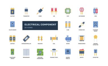 Düz minimal elektronik ve elektrik simgeleri tasarım mühendisliği uygulamaları ve modern arayüz bileşenleri için mükemmeldir.