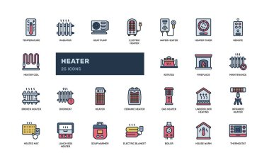 Isıtıcı simgesi koleksiyonu, uygulama kılavuzu enerji ürün katalogları ve tüketici ısıtma kılavuzları için dizayn edilmiş satır biçimi