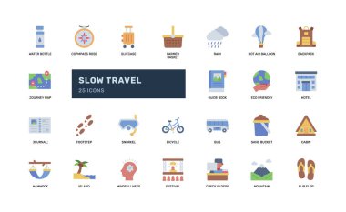 Yavaş seyahat simgesi koleksiyonu. Çevre turizmi, seyahat ve kültürel keşifler için tasarlandı. Tur broşürleri, seyahat kitapları ve sürdürülebilirlik projeleri için elverişli