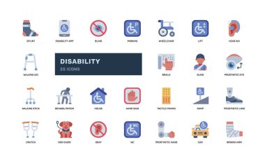 Erişim simgesi ayarlandı. Sağlık hizmetleri, engelli desteği ve rehabilitasyon simgeleri. Kapsayıcı tasarım, kamu tesisi tabelası ve sağlık eğitimi için harika.