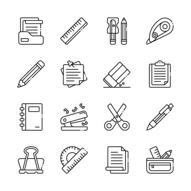 Kırtasiye taslak simgesi seti. Okul ve işyeri kullanımı için yazma ve tedarik göstergesi. Kalem, cetvel, ataç, silgi, kağıt içerir