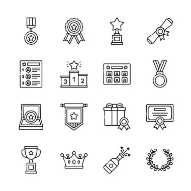 Ödül ana hatları simgesi seti. Etkinlik ve tanınma için ödül ve sıralama verir. Madalya, kurdele, kupa, taç, hediye içerir.