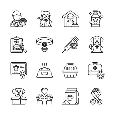 Hayvan bakımı taslak simgesi seti. Klinik ve evcil hayvan malzemeleri kullanımı için hayvan ve sağlık örnekleri sunar. İçinde doktor, tasma, şırınga, şampuan, kase var.