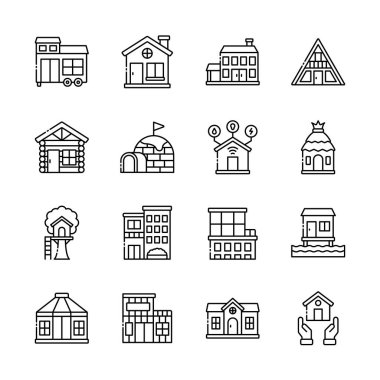 Ev taslağı simgesi seti. Gayrimenkul ve konut kullanımını temsil ediyor. Kulübe, kulübe, çadır, daire, ağaç ev