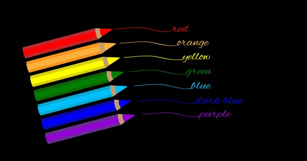 Lápices de colores de color arco iris escribir el nombre de los colores sobre un fondo negro, orientación vertical — Vector de stock