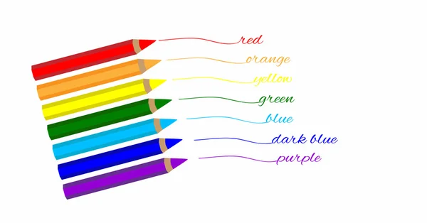 Lápices de colores de color arco iris escribir el nombre de los colores sobre un fondo blanco, orientación vertical — Vector de stock
