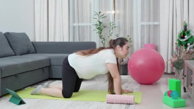 Hamile kadın, leğen kemiği dayanıklılığı, annelik uygunluğu ve esnekliği artırmak için evde esneme ve egzersiz yapıyor. Kızım, oturma odası ve doğum öncesi yoga sirkülasyon, sırt ağrısı ve duruş için. Yüksek kalite 4k görüntü