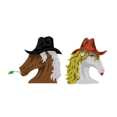 At kafası ikilisi, kovboy şapkalı at, vektör..