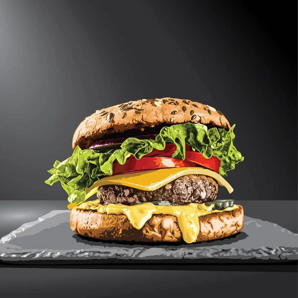 Siyah arka planda hamburger, Fast food restoranı menüsü, Vektör.