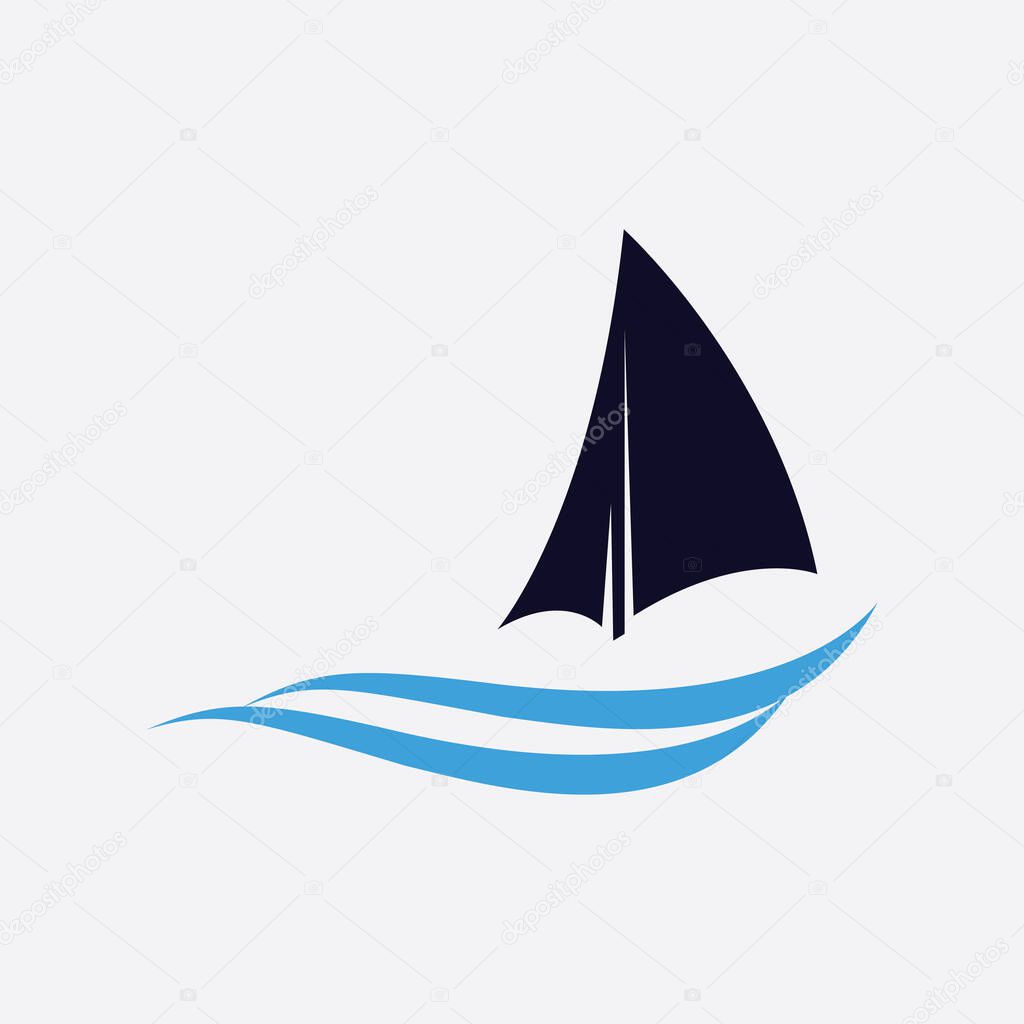 sailing logo - ship steering and wave.Conceptual vector illustration in flat style design.Isolated on background.
