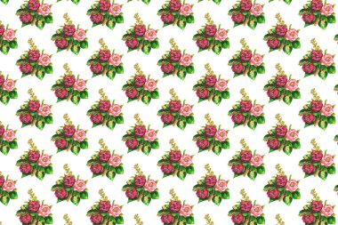 Pembe, bordo çiçekleri ve çeşitli yapraklardan oluşan bir kompozisyon. Kumaş, kağıt üzerine baskı için arkaplan deseni.