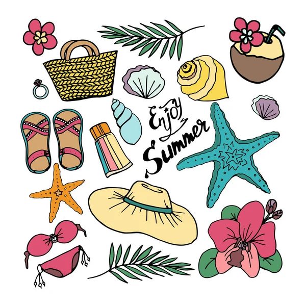 Un ensemble d'accessoires de plage d'été. Peut être utilisé pour bannière d'été, carte de vœux, flyer, impression sur tissu, papier. — Image vectorielle