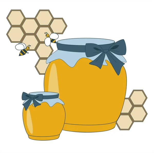 Color composition consisting of honeycombs and honey bees and 2 jars of honey — стоковый вектор