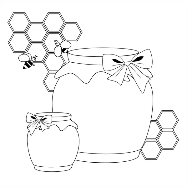 Composição de dois jarros de mel com favos de mel e 2 abelhas na forma de coloração — Vetor de Stock