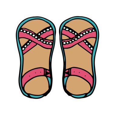 Düz bir tarzda yaz sandaletleri. Tropik tatil. İzole vektör illüstrasyonu