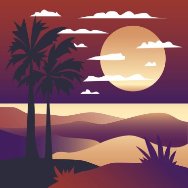 Renkli günbatımı arka planında siyah palmiye ağaçları siluetleri, tropik afiş illüstrasyon arka planı