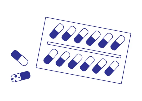 Skissen illustration på en vit bakgrund skildras som ett blister med medicinska piller eller vitaminer — Stock vektor