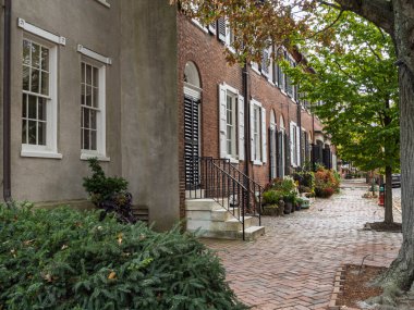 New Castle, Delaware 'de sonbahar yeşilliklerinin yer aldığı kaldırım ve kaldırım boyunca beyaz kepenkleri olan tarihi kırmızı tuğlalı evler..